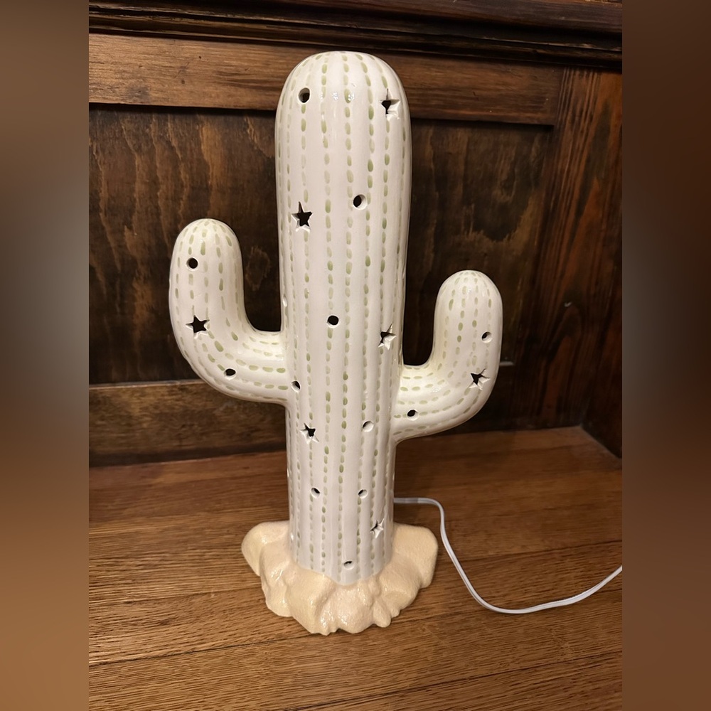 15” Light-Up Corded Ceramic Cactus Lamp in Cream/Sage Green - Picture 10 of 15